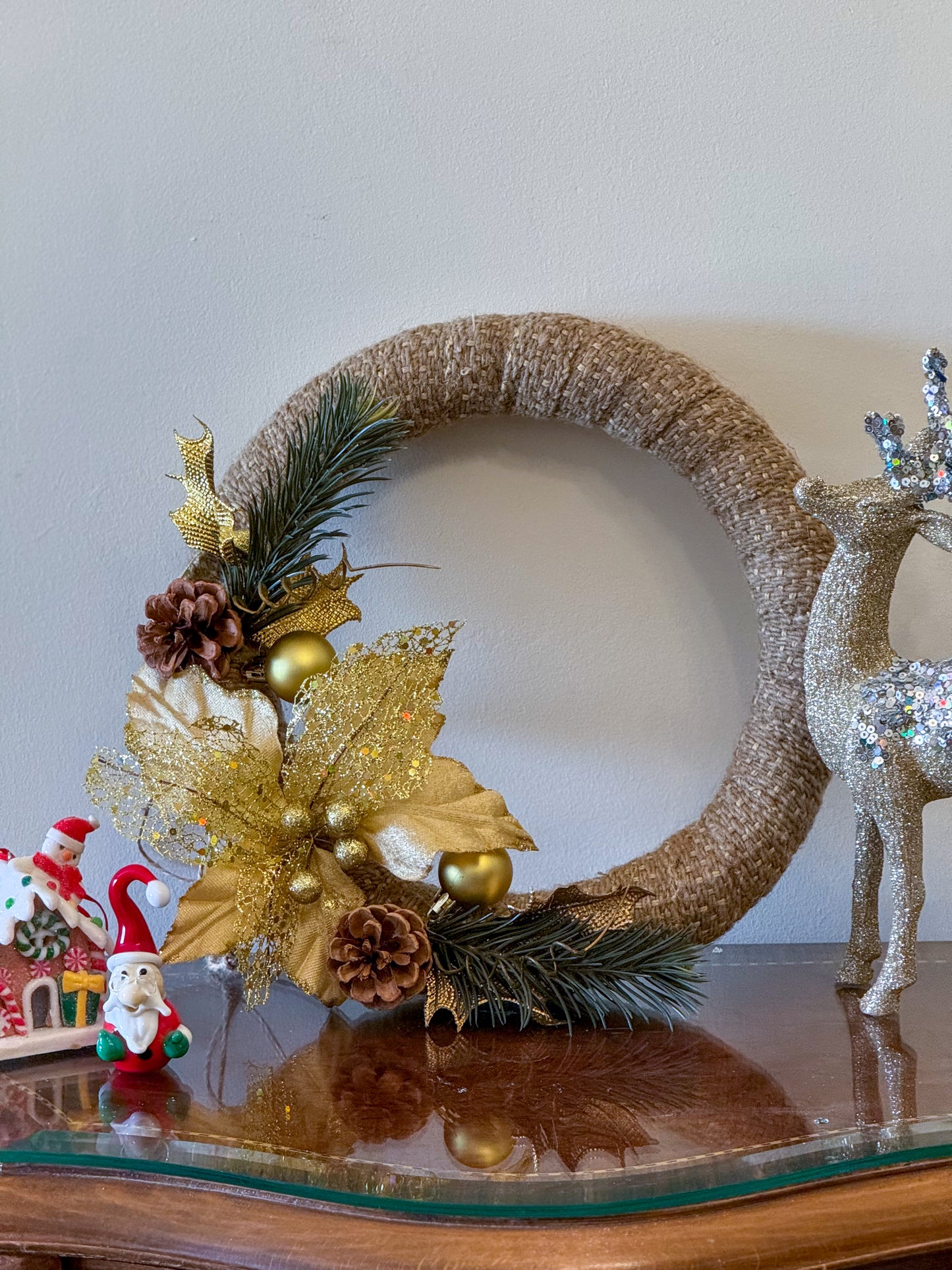 Handmade Large Beige Christmas Wreath - Gold & Green Decoration
