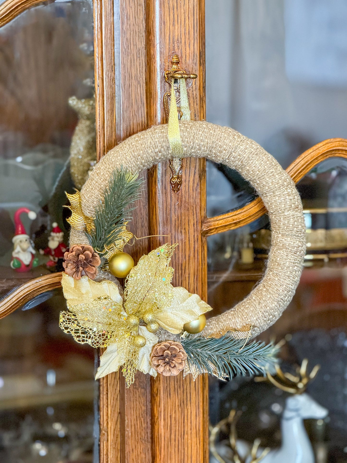 Handmade Large Beige Christmas Wreath - Gold & Green Decoration
