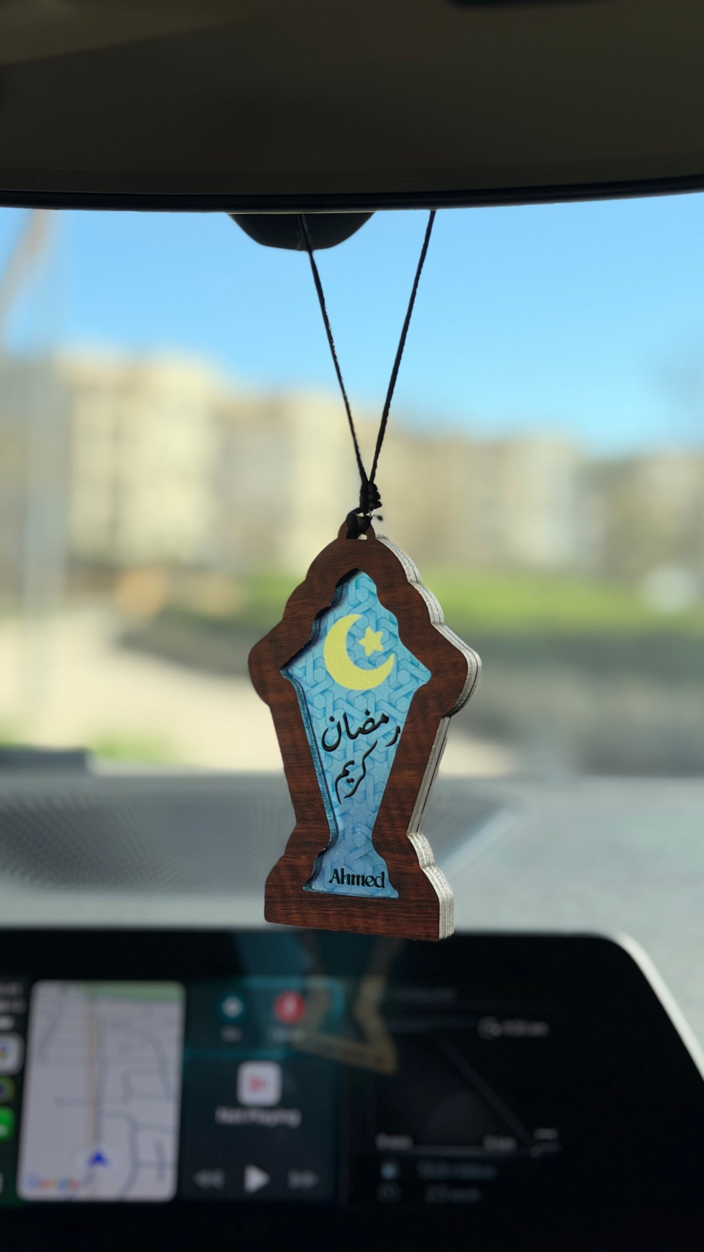 (Customizable) Ramadan Lantern (Fanous) - Moon & Light Blue Pattern - Embossed Car Pendant
