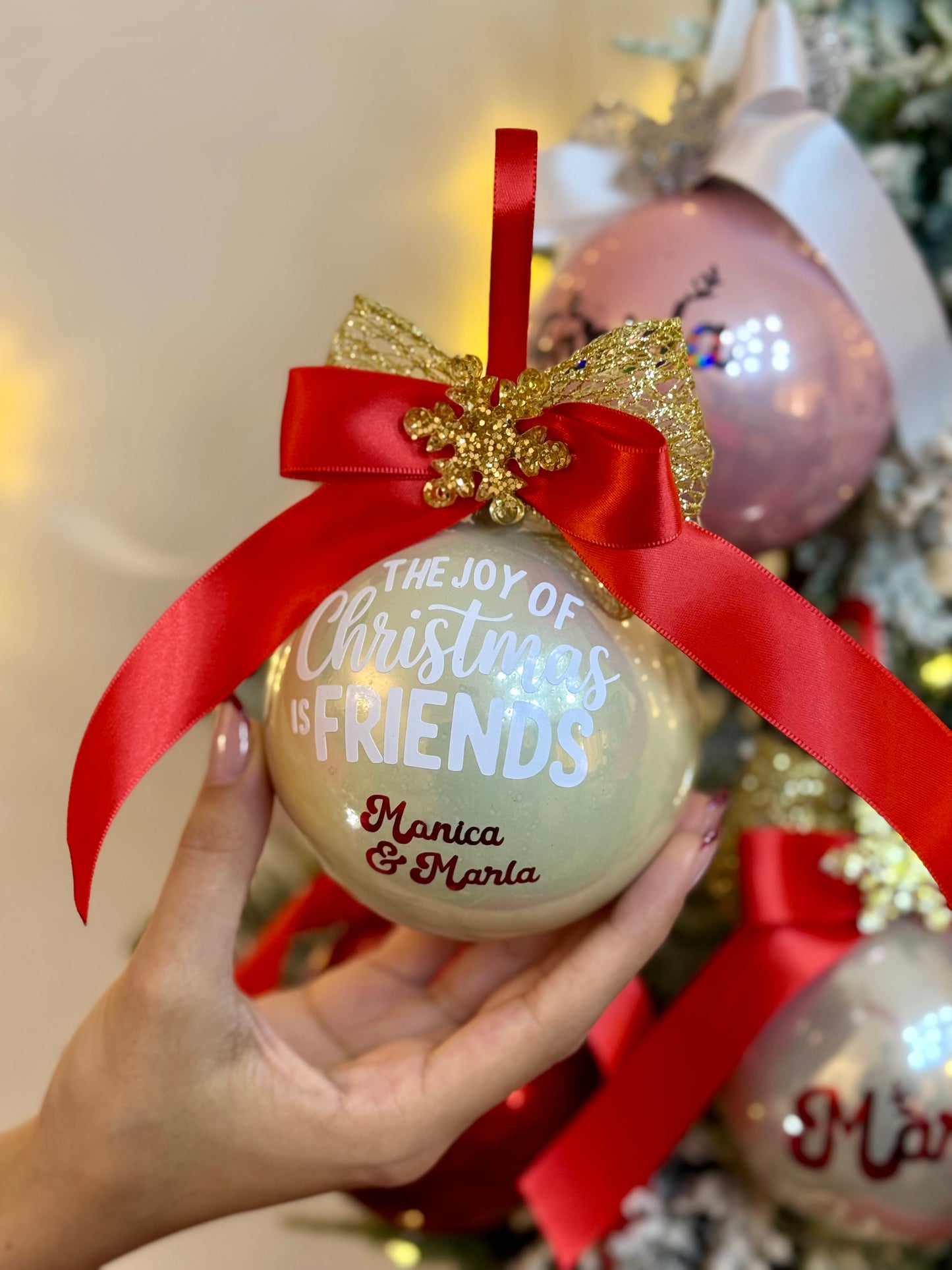 Personalized "The Joy of Christmas is Friends" Christmas Bauble - Pearl