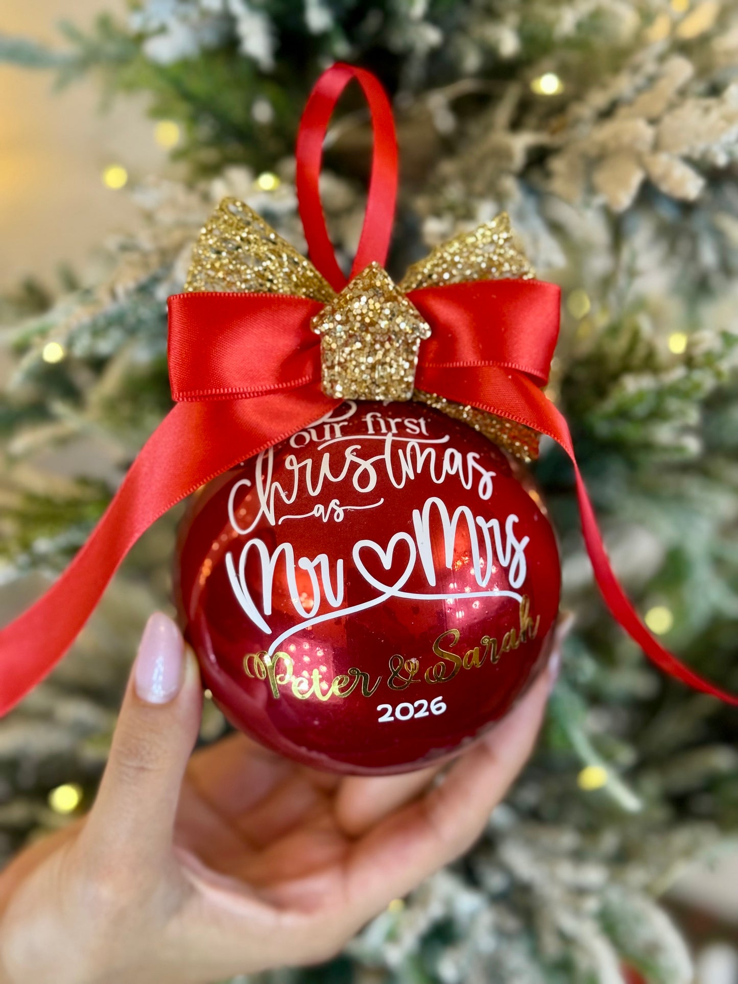 Personalized "Our first Christmas as Mr & Mrs" Christmas Bauble - Red