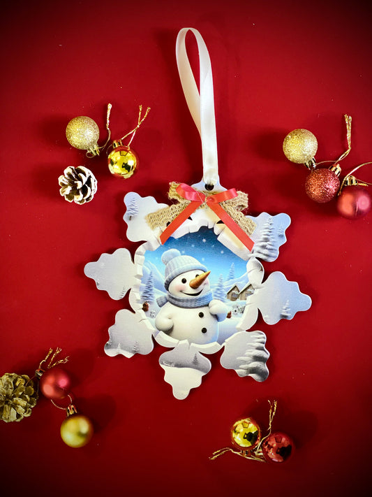 Snowman & Snowy Scenery - Hanging Wooden Small Snowflake