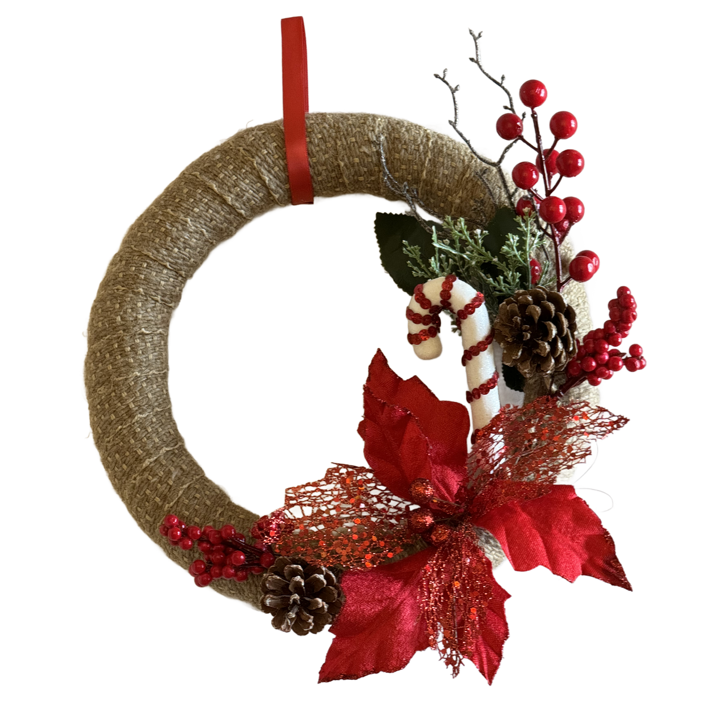 Handmade Large Beige Christmas Wreath - Red Decoration