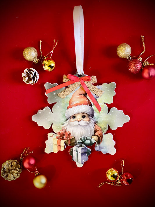 Santa Claus & Gifts Scenery - Hanging Wooden Small Snowflake