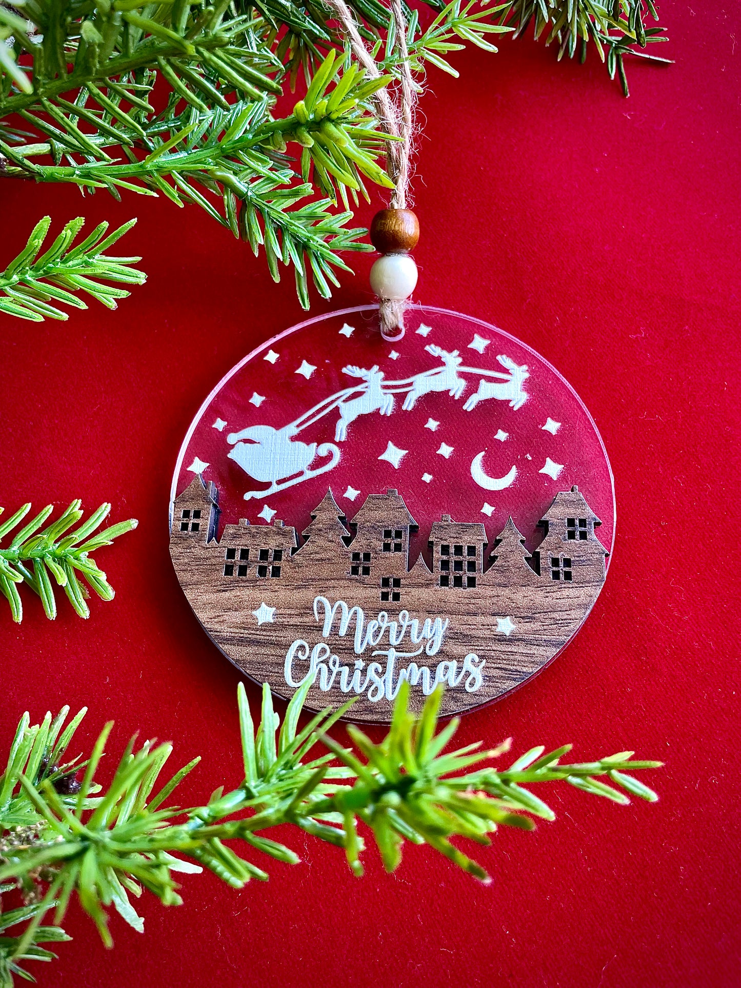 Santa Sleigh & Houses - Acrylic Ornament