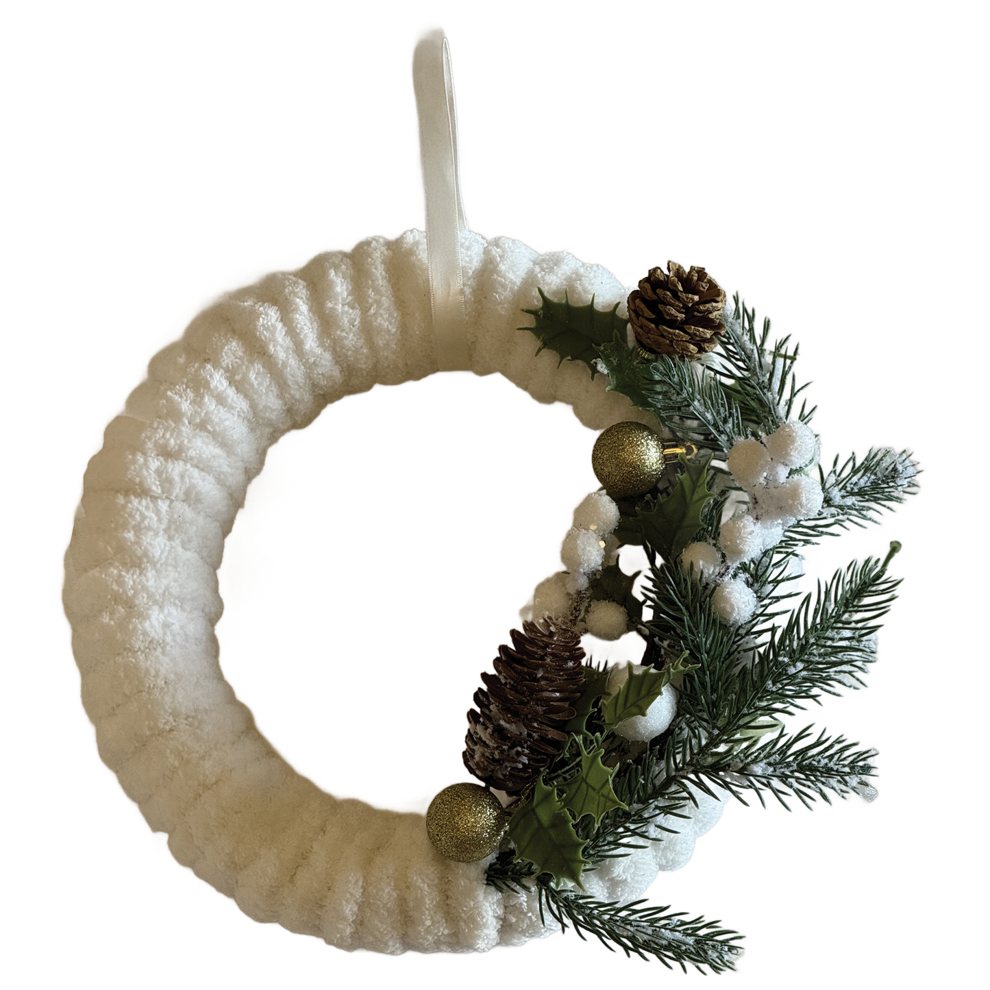 Handmade White Christmas Wreath - Brown & Green Decoration