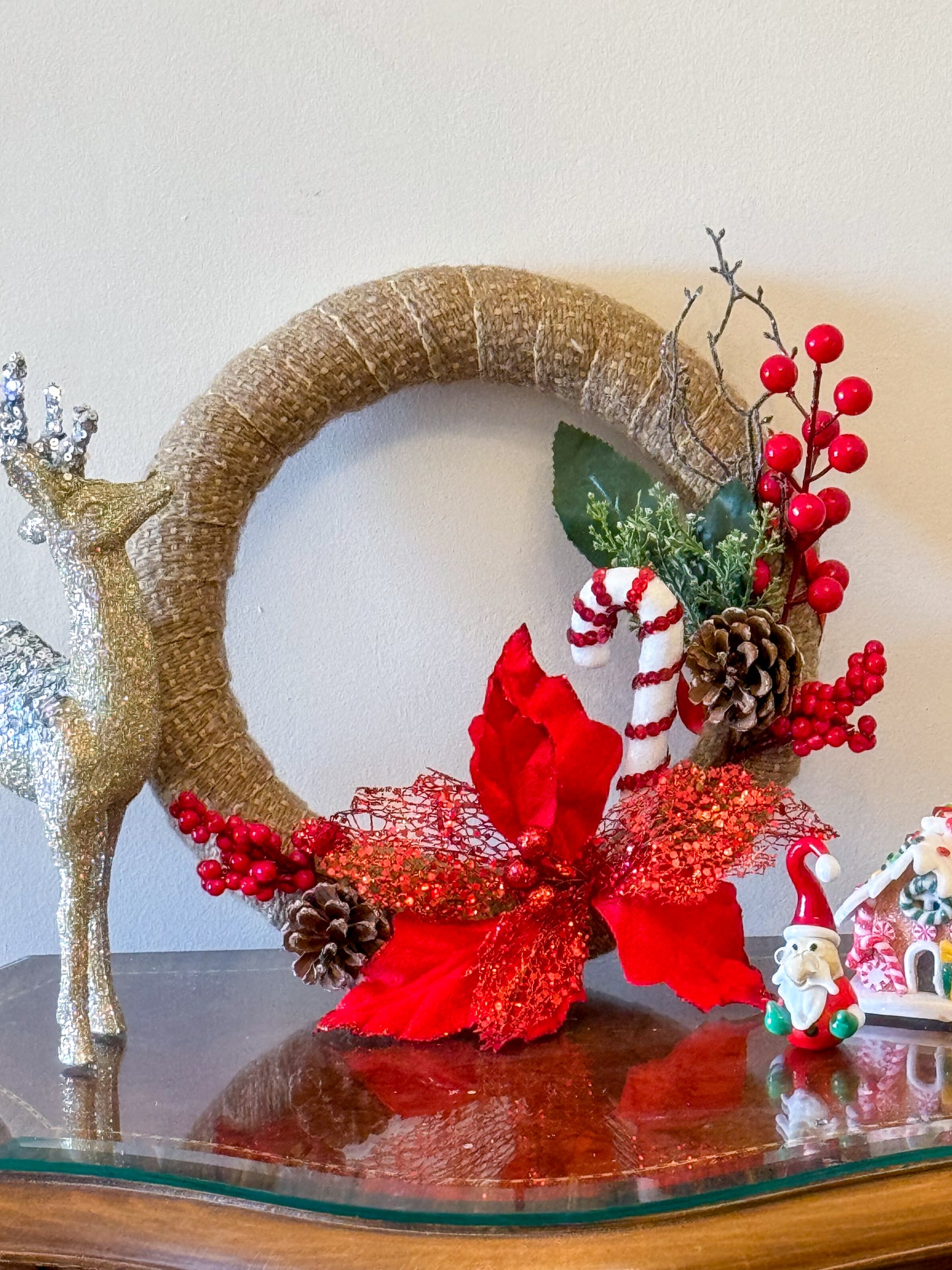 Handmade Large Beige Christmas Wreath - Red Decoration