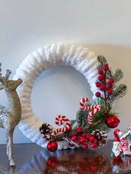 Handmade White Christmas Wreath - Red & Green Decoration