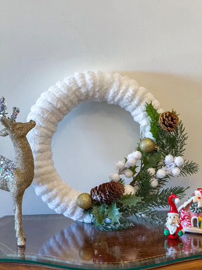 Handmade White Christmas Wreath - Brown & Green Decoration