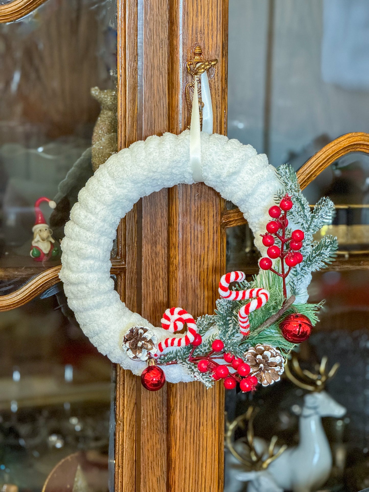 Handmade White Christmas Wreath - Red & Green Decoration