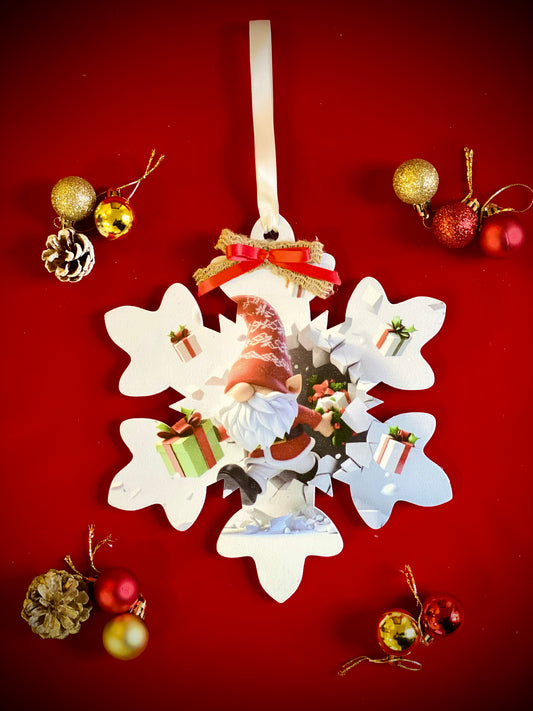 Gnome and Gifts Scenery - Hanging Wooden Large Snowflake