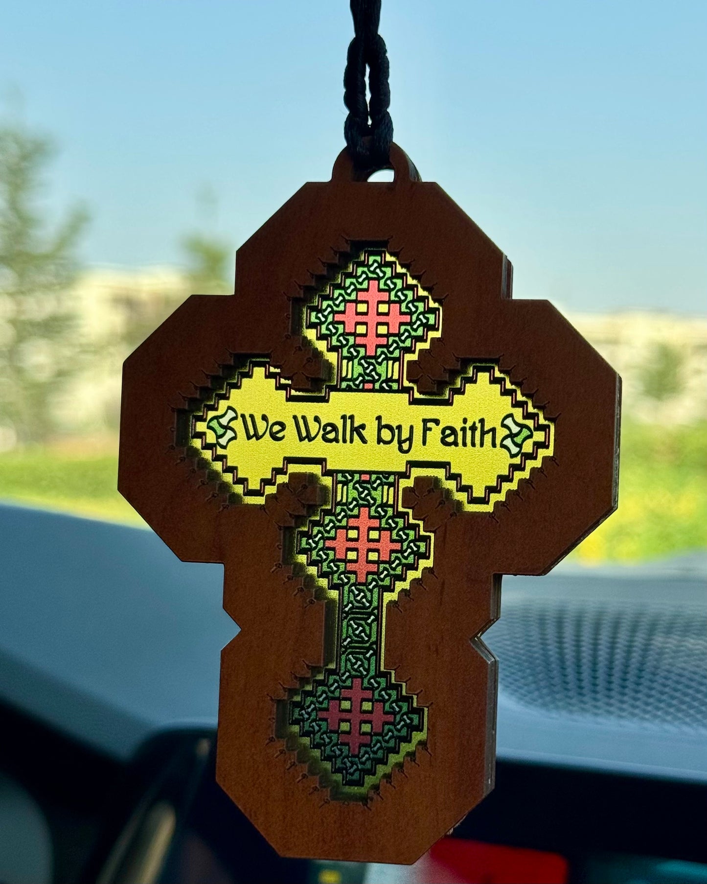 Iota Cross (We Walk by Faith) - Embossed Car Pendant