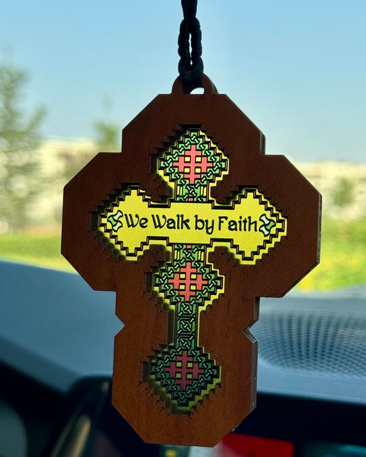Iota Cross (We Walk by Faith) - Embossed Car Pendant