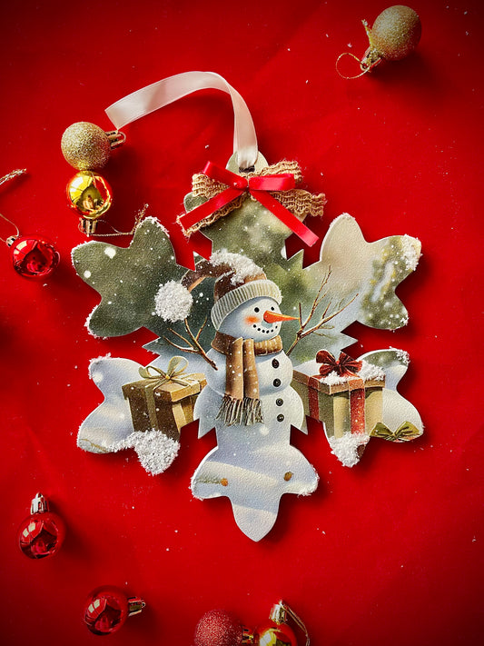 Snowman & Gifts Scenery - Hanging Wooden Large Snowflake