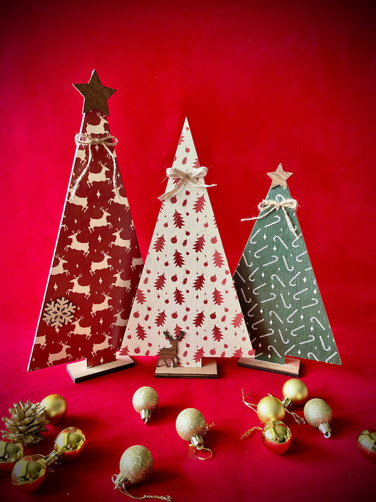 Red, Off-White & Green - 3 Standing Wooden Trees Set