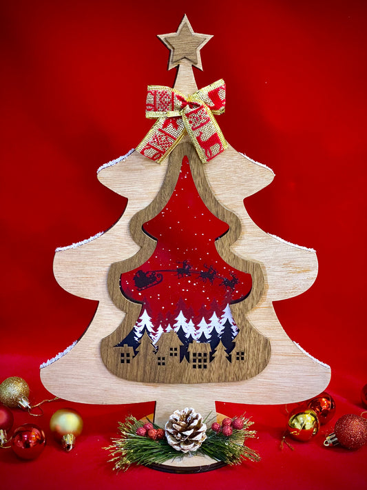 Santa Sleigh & Wooden Houses - Standing Wooden Tree