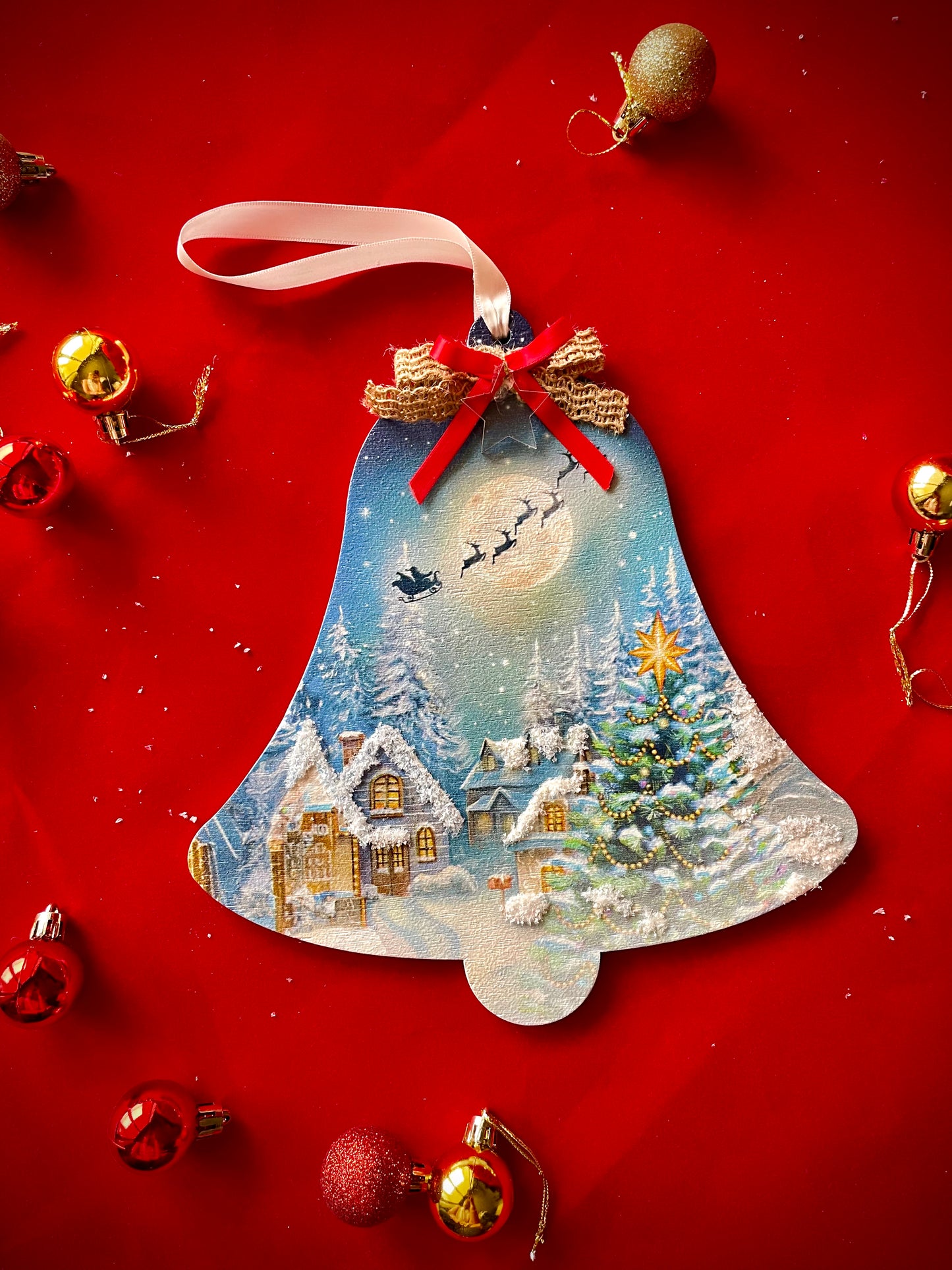 Flying Santa Sleigh Scenery - Hanging Wooden Bell