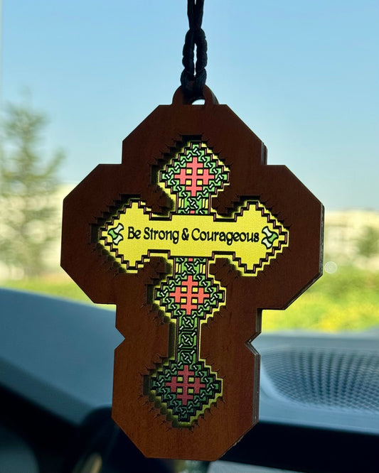 Iota Cross (Be Strong and Courageous) - Embossed Car Pendant