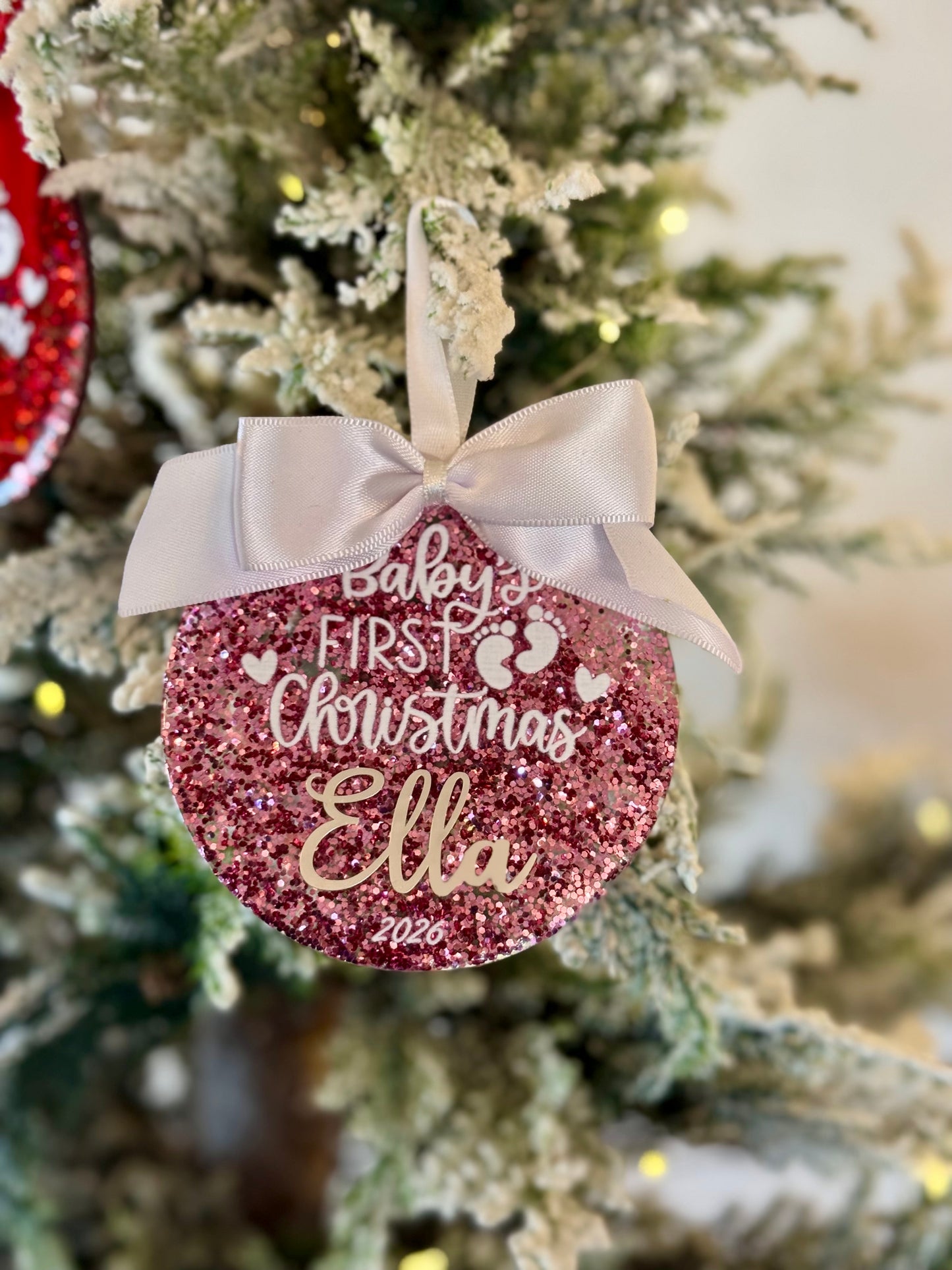 Personalized "Baby’s First Christmas" Glitter Ornament - Pink