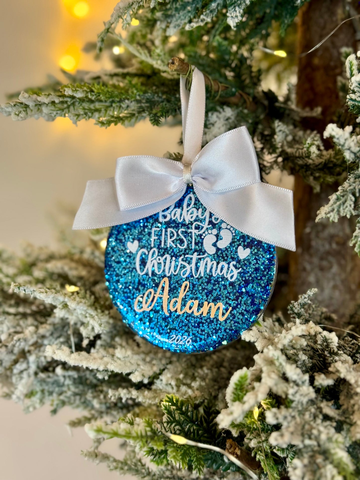 Personalized "Baby’s First Christmas" Glitter Ornament - Baby Blue