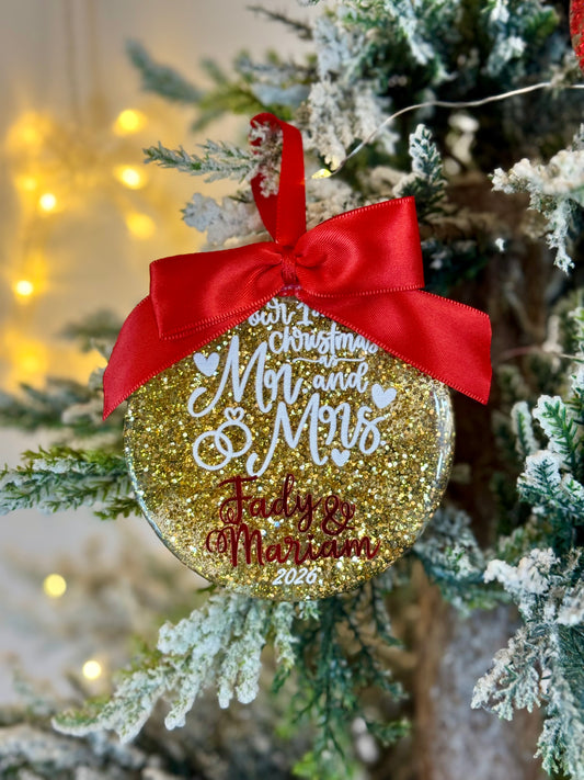 Personalized "Our First Christmas as Mr. & Mrs." Glitter Ornament - Gold