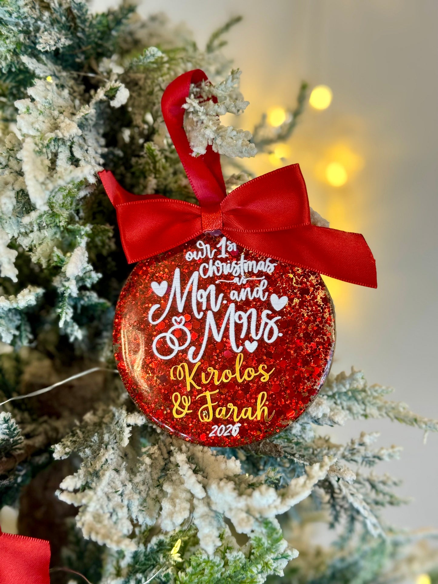 Personalized "Our First Christmas as Mr. & Mrs." Glitter Ornament - Red