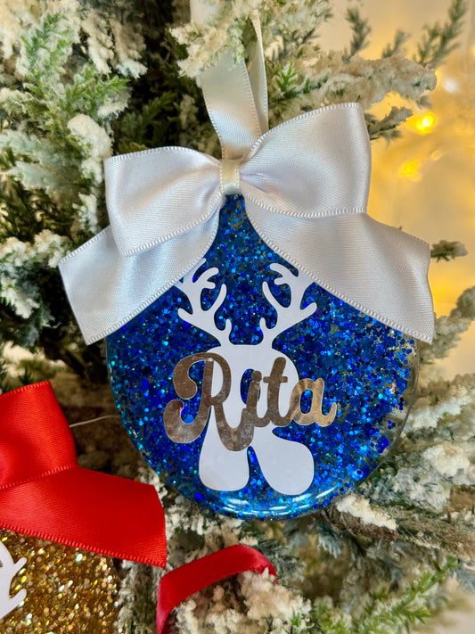 Personalized Glitter Christmas Ornament - Name & Initial - Blue