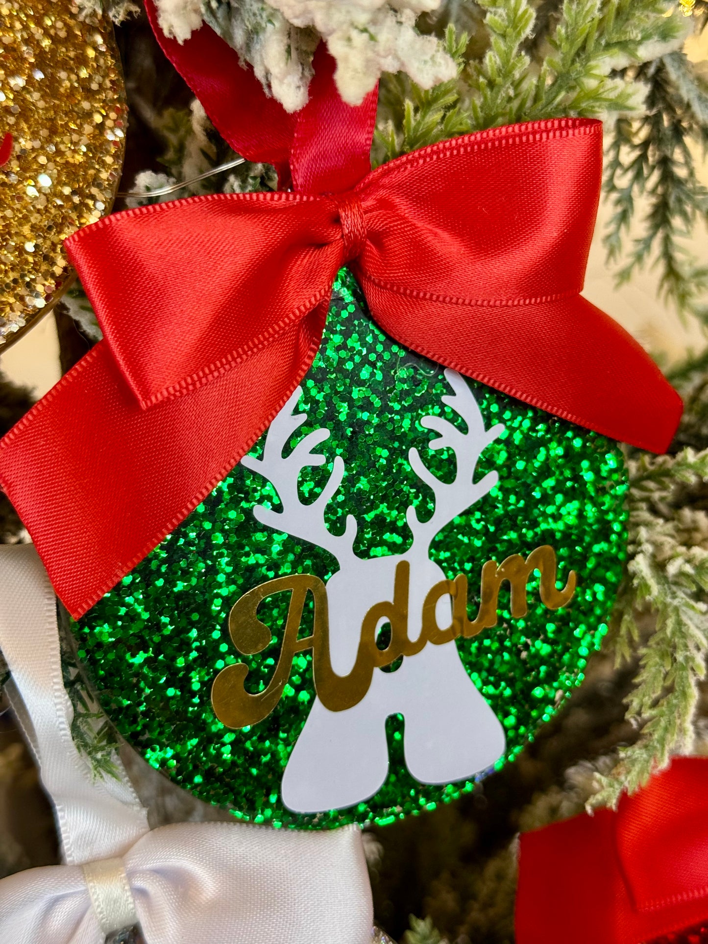 Personalized Glitter Christmas Ornament - Name & Initial - Green