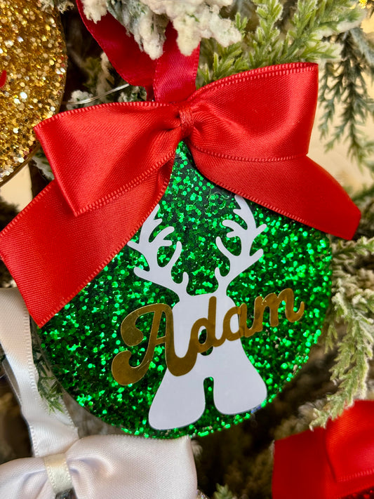 Personalized Glitter Christmas Ornament - Name & Initial - Green