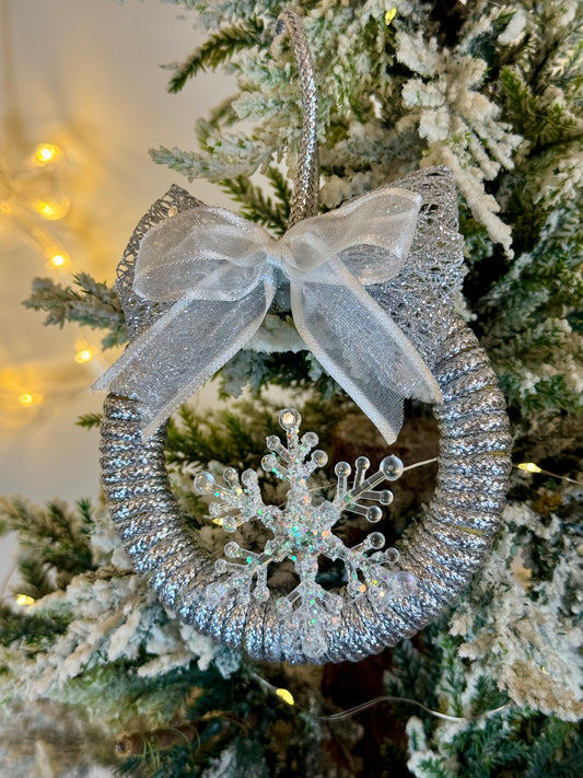 Handmade Silver Christmas Tree Ornament - Wreath Shape - Snowflake Design
