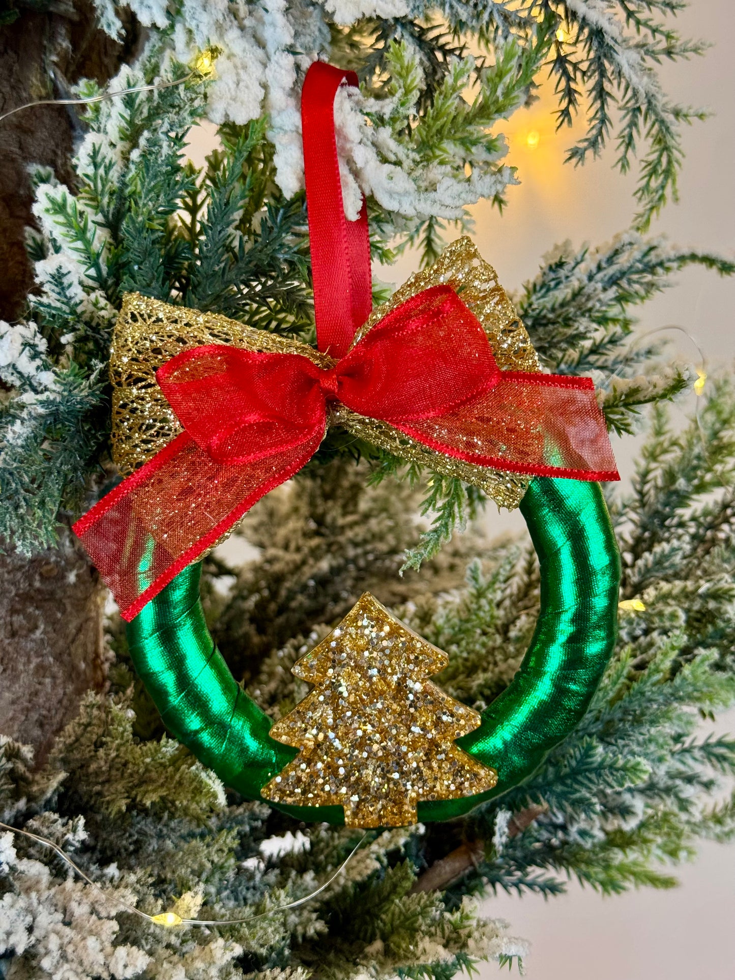 Handmade Green Christmas Tree Ornament - Wreath Shape - Gold Tree Design