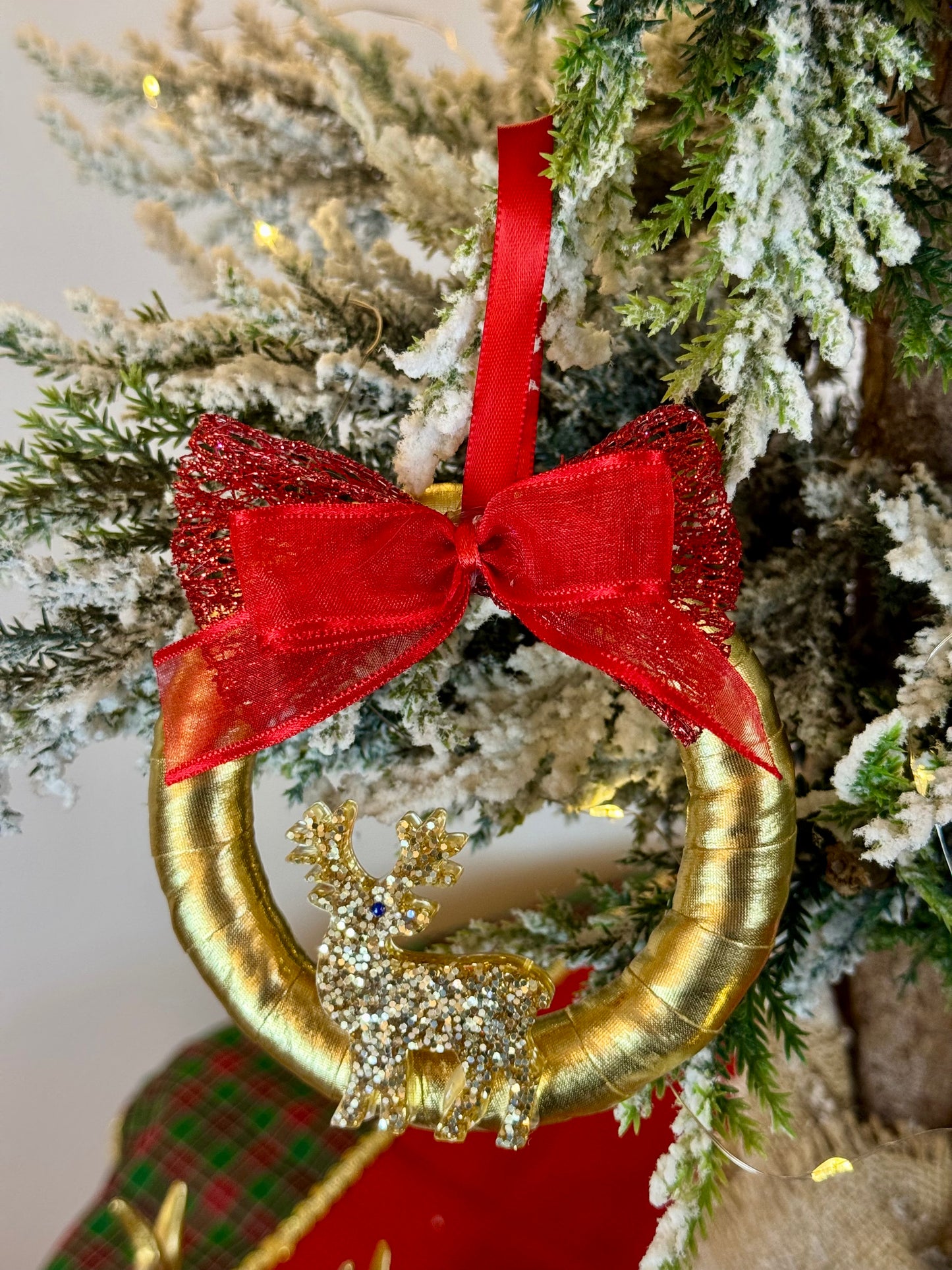Handmade Gold Christmas Tree Ornament - Wreath Shape - Gold Reindeer Design