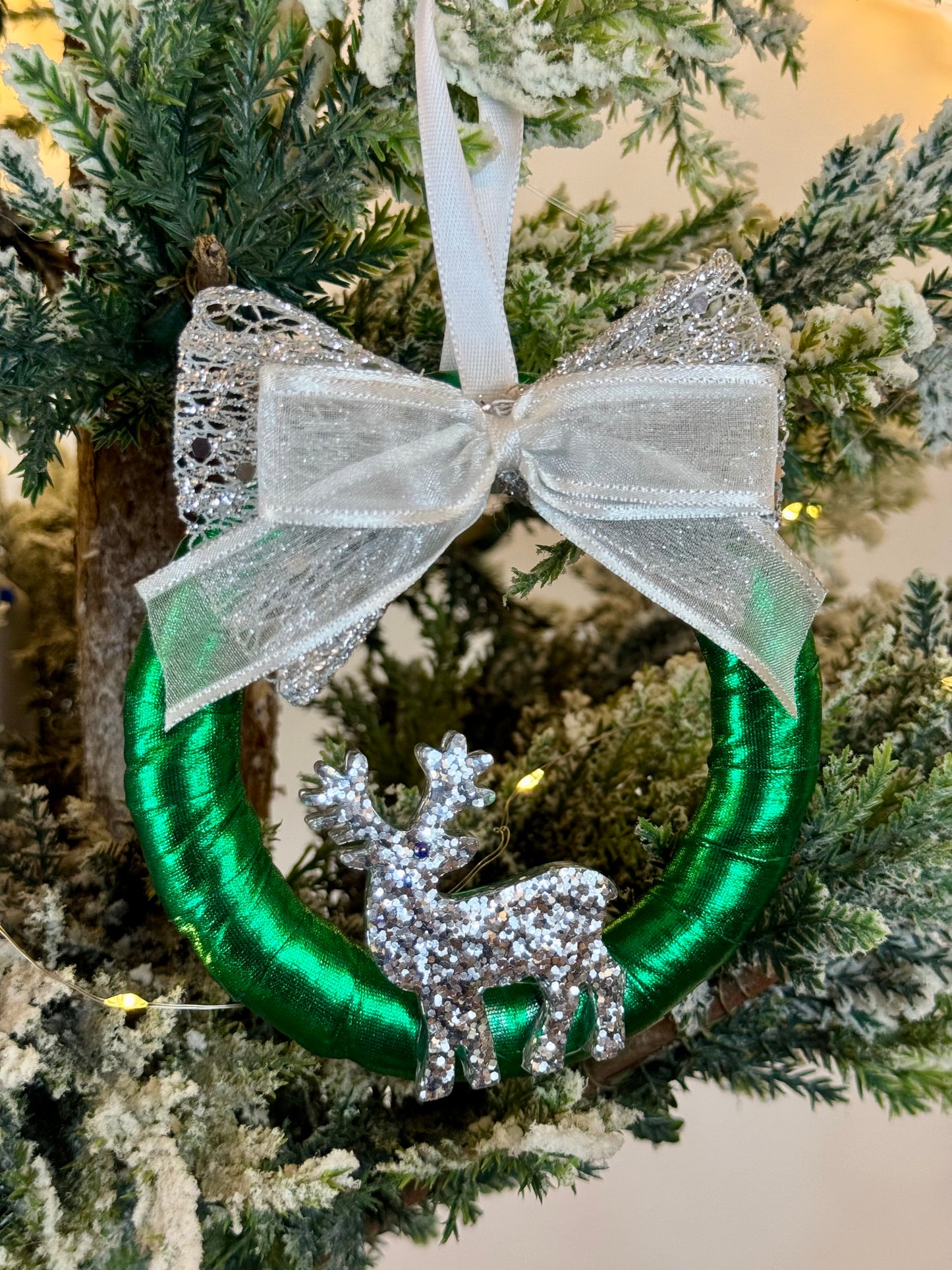 Handmade Green Christmas Tree Ornament - Wreath Shape - Silver Reindeer Design