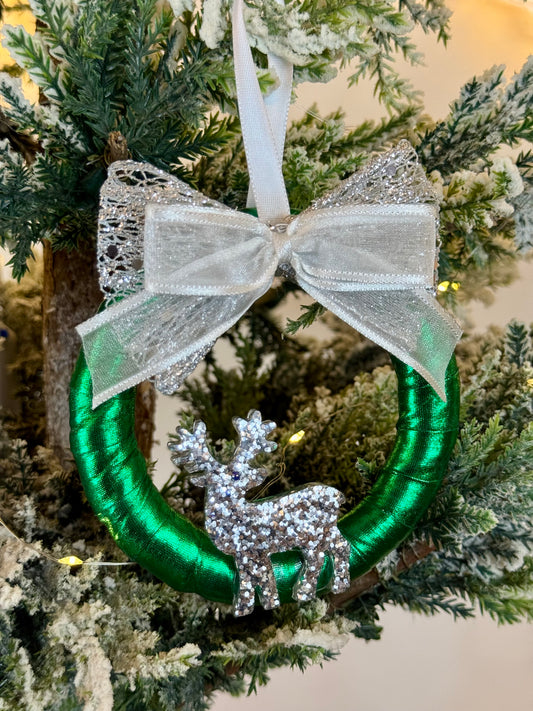 Handmade Green Christmas Tree Ornament - Wreath Shape - Silver Reindeer Design