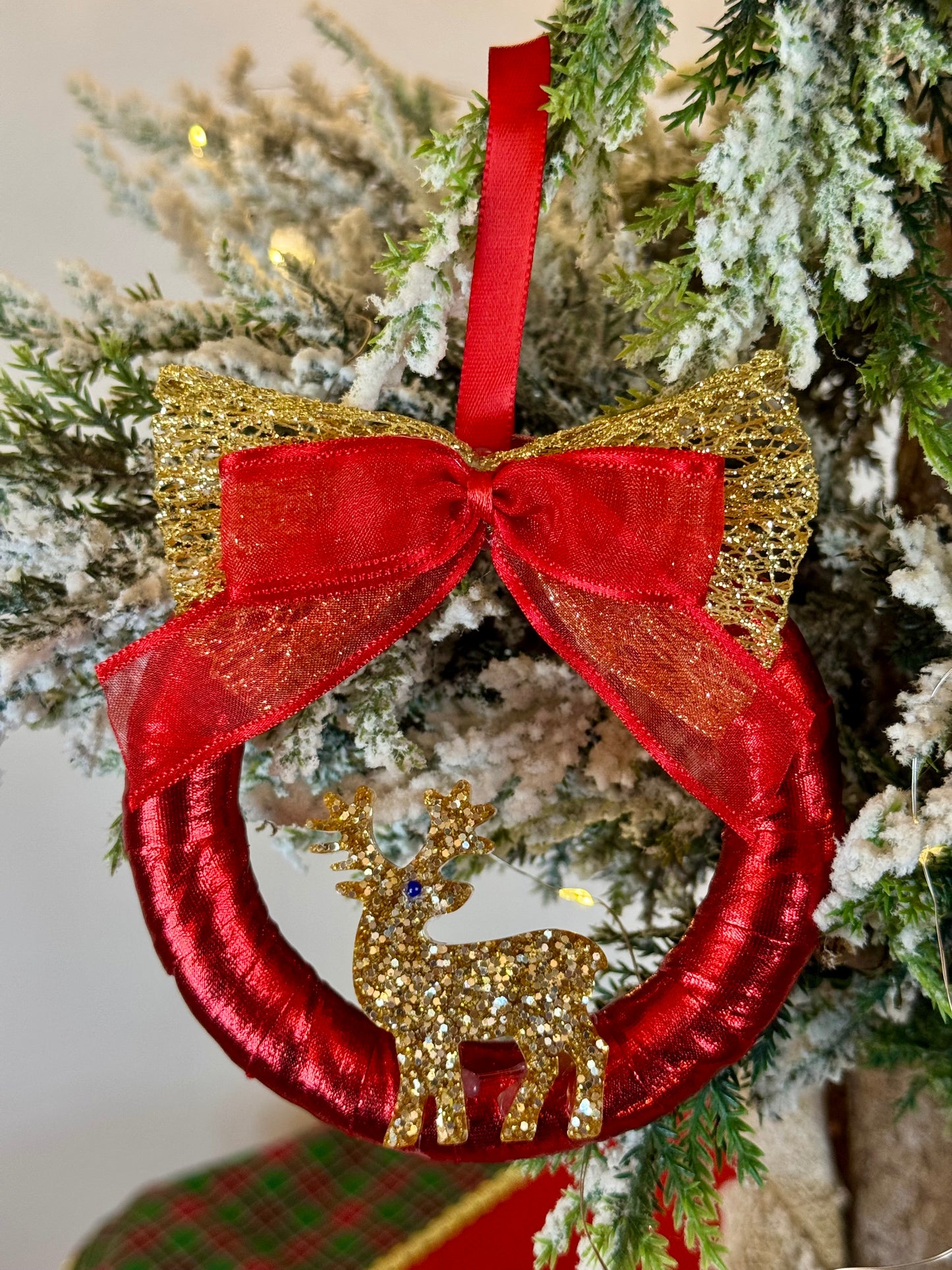 Handmade Red Christmas Tree Ornament - Wreath Shape - Gold Reindeer Design