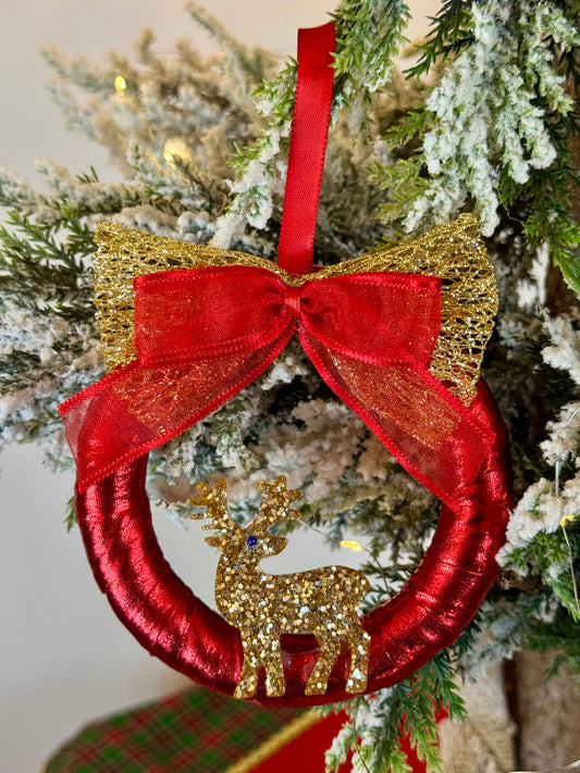 Handmade Red Christmas Tree Ornament - Wreath Shape - Gold Reindeer Design