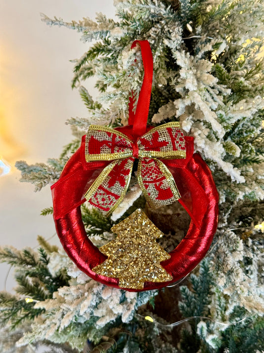 Handmade Red Christmas Tree Ornament - Wreath Shape - Gold Tree Design
