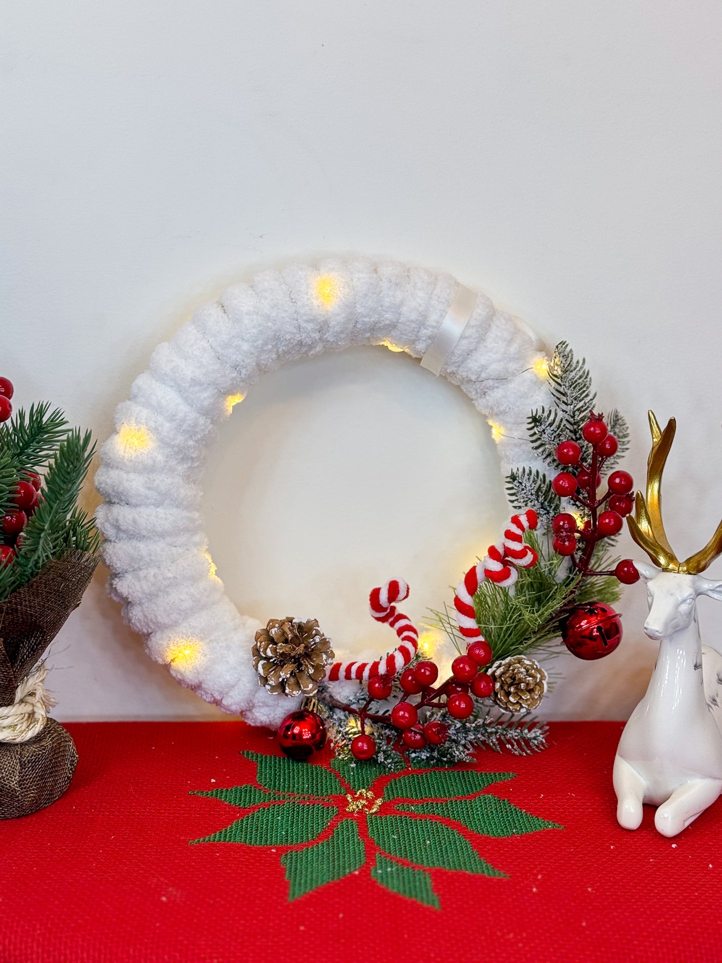 Handmade illuminated Large White Christmas Wreath - Red & Green Decoration