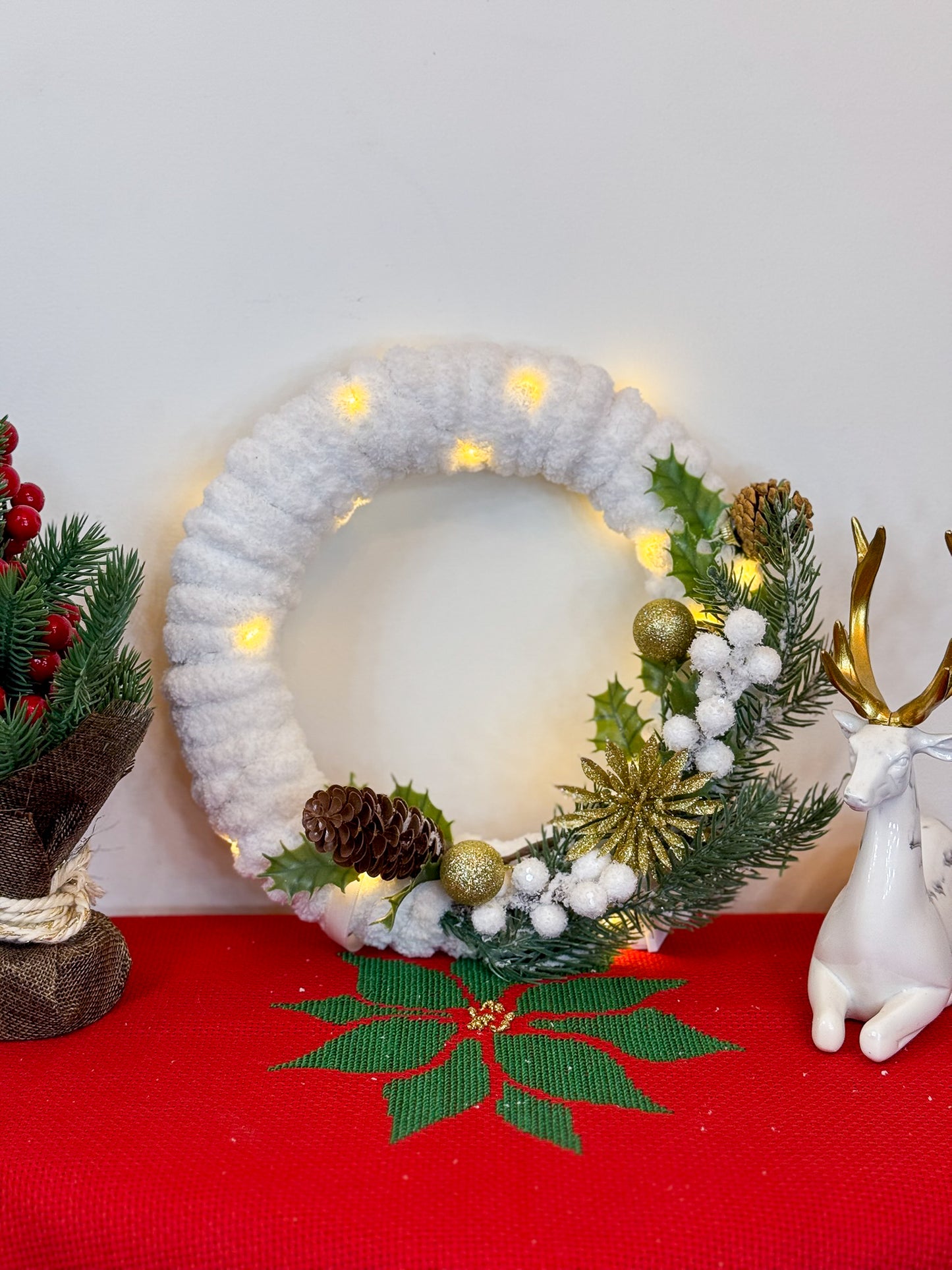 Handmade illuminated Large White Christmas Wreath - Brown & Green Decoration