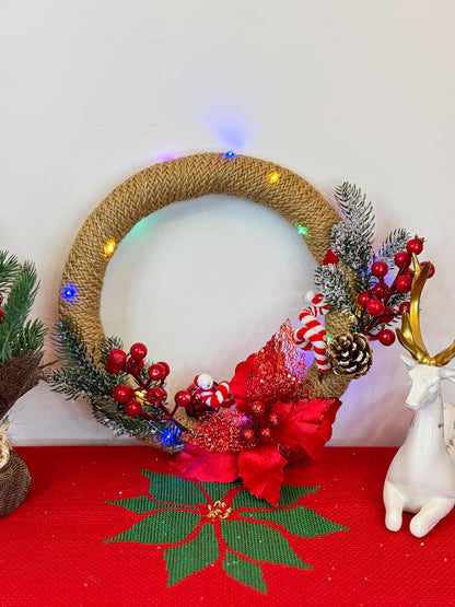 Handmade illuminated Large Beige Christmas Wreath - Red Decoration