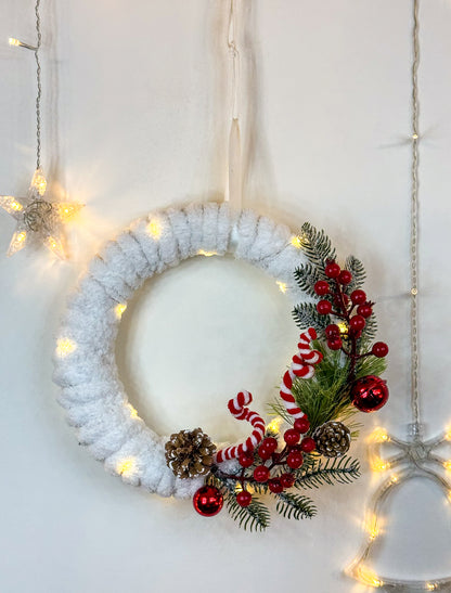 Handmade illuminated Large White Christmas Wreath - Red & Green Decoration