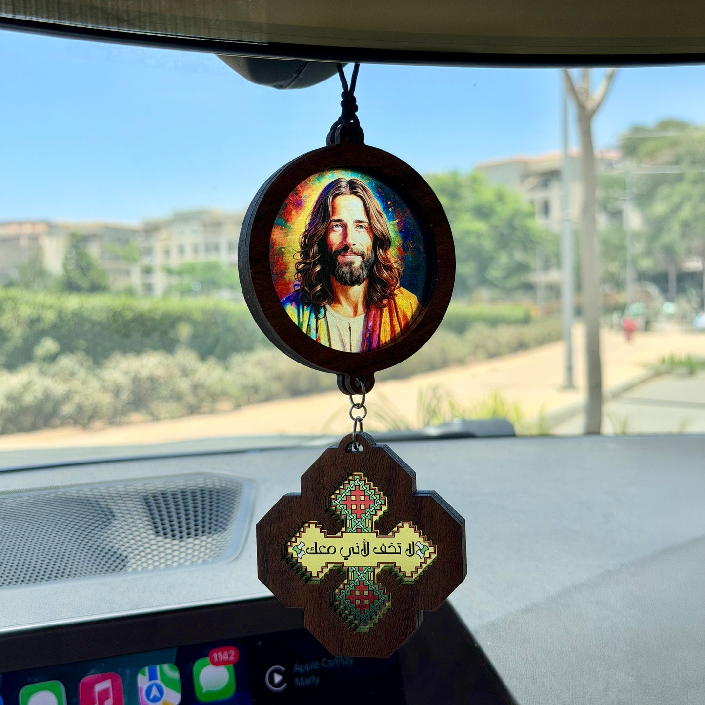 Jesus & (لا تخف لاني معك) Iota Cross Car Pendant